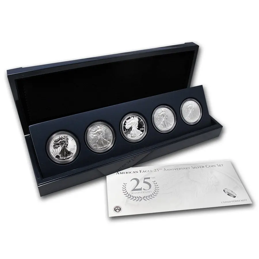2011 5-Coin $1 American Silver Eagle Set (25th Anniv, w/Box & COA)