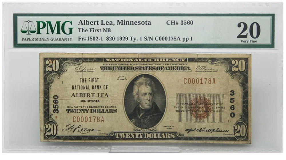 1929 $20 National Currency Albert Lea Minnesota Fr#1802-1 PMG Very Fine 20 Low #
