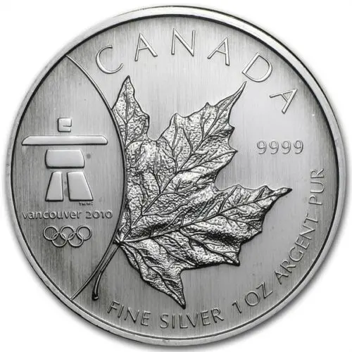 2008 $5 Canadian Maple Leaf Vancouver Olympics Silver Coin