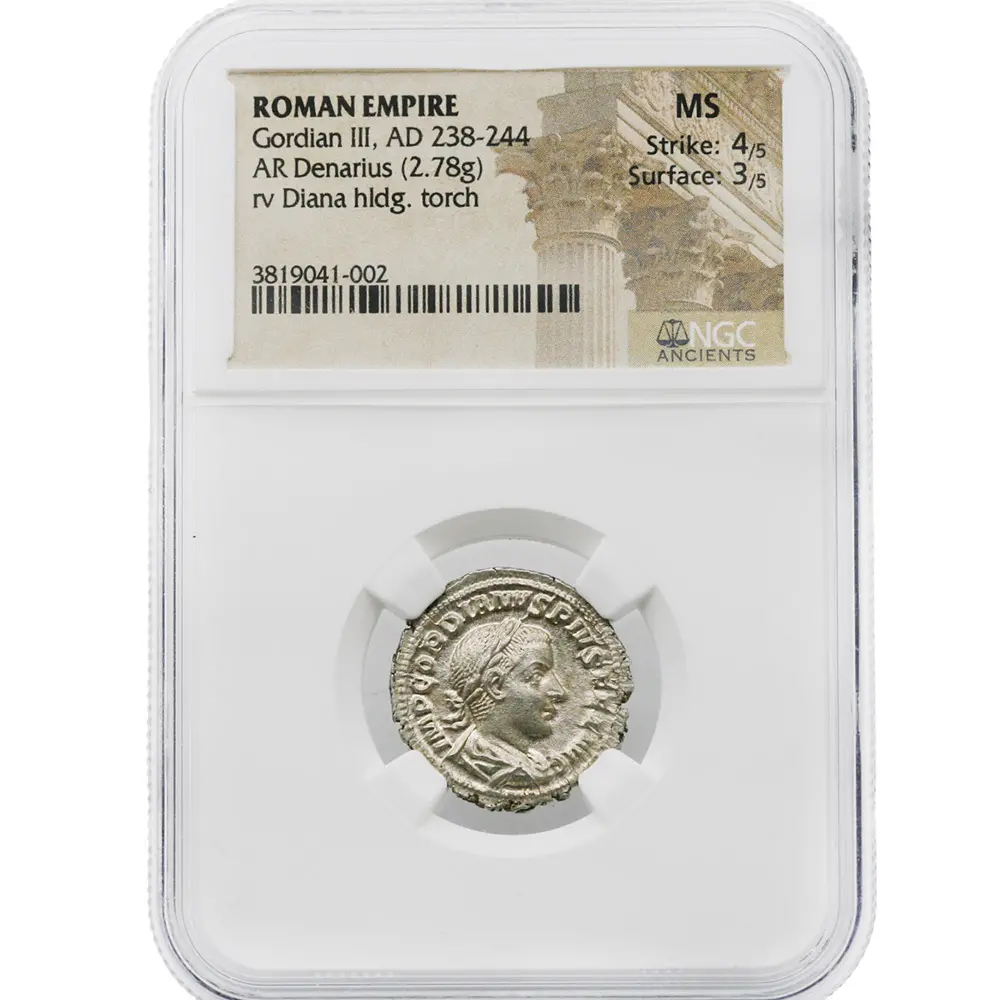 AD 238-244 Roman Empire Gordian III, AR Denarius, Rv Diana