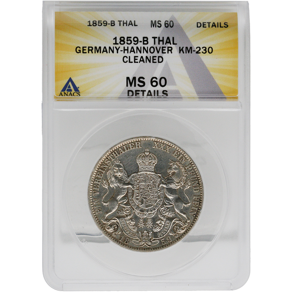 1859-B Germany Hannover Thaler ANACS MS 60 Cleaned