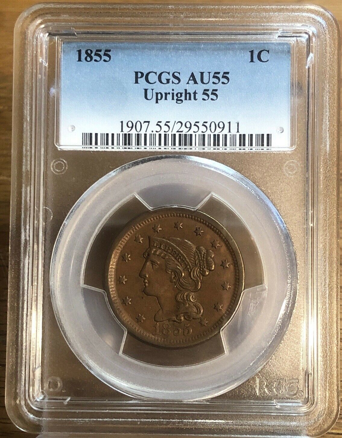 1855 PCGS AU55 Large Cent Upright 55 NH911 - Chula Vista Coins