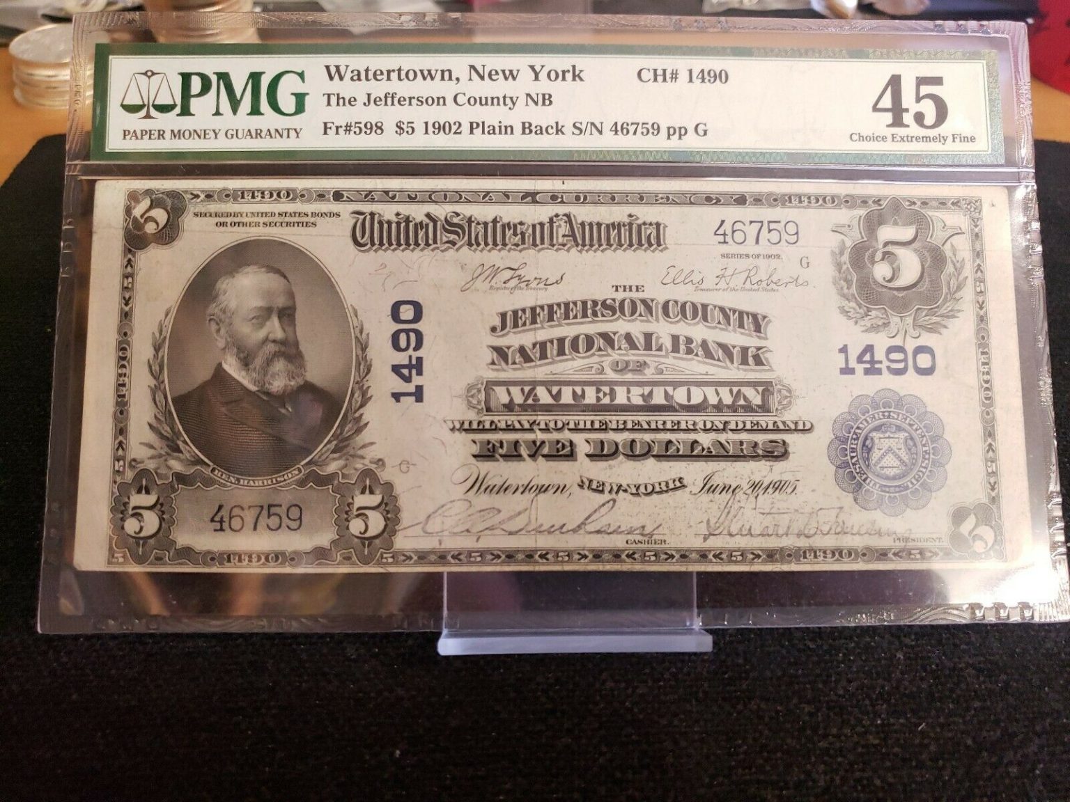 1902 $5 MERCHANTS NATIONAL BANK Watertown NYC #1490 PMG 45 ...