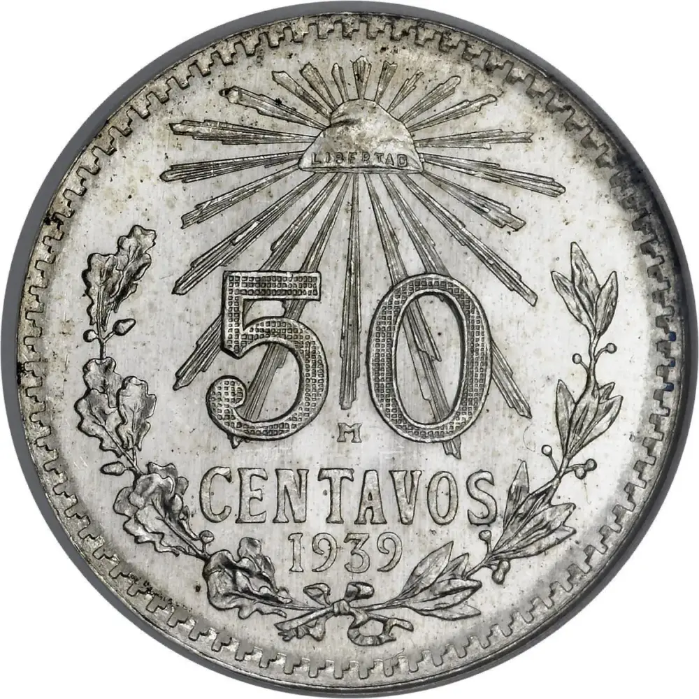 1919-45 Mexico Silver 50 Centavos Cap & Ray Avg Circ (ASW .1929)