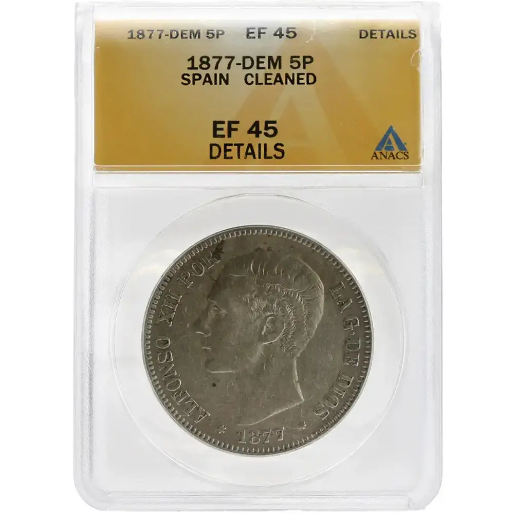 1877-DEM 5 Pesetas Spain EF45 Details Cleaned