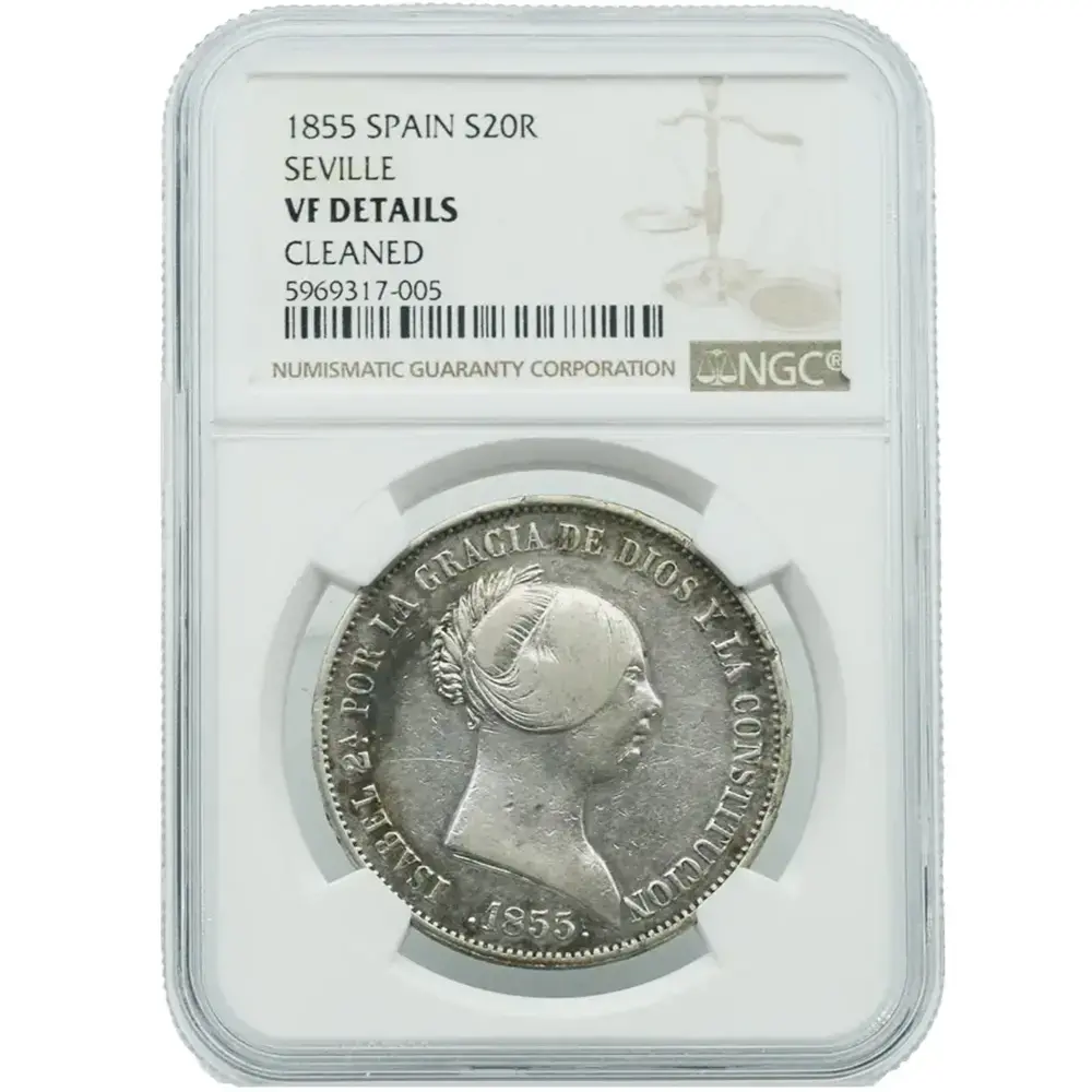 1855 Spain 20 Reales Seville NGC VF Details Seven-Pointed Star