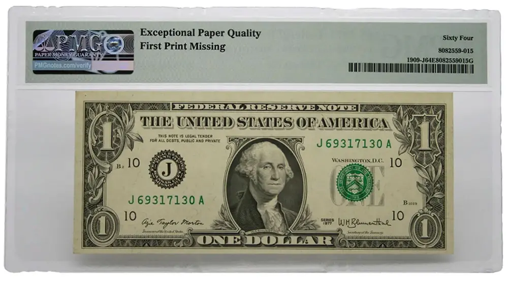 1977 $1 Federal Reserve Note Missing Print Error Kansas City Choice UNC 64 PMG - Image 2