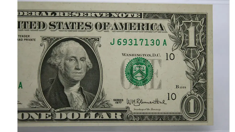 1977 $1 Federal Reserve Note Missing Print Error Kansas City Choice UNC 64 PMG - Image 4