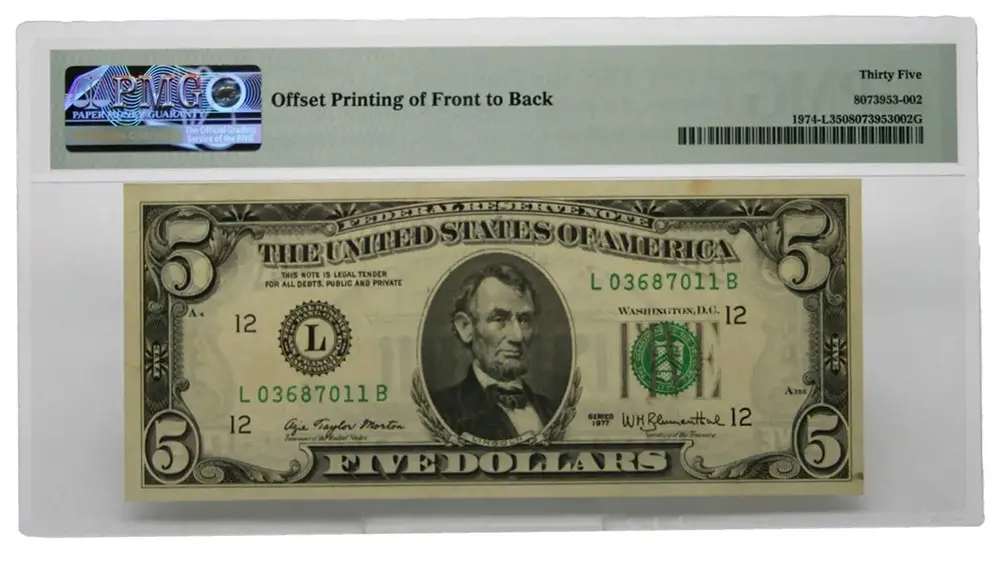 1977 $5 Federal Reserve Note Offset Printing Error- San Francisco Choice VF35 PMG - Image 2