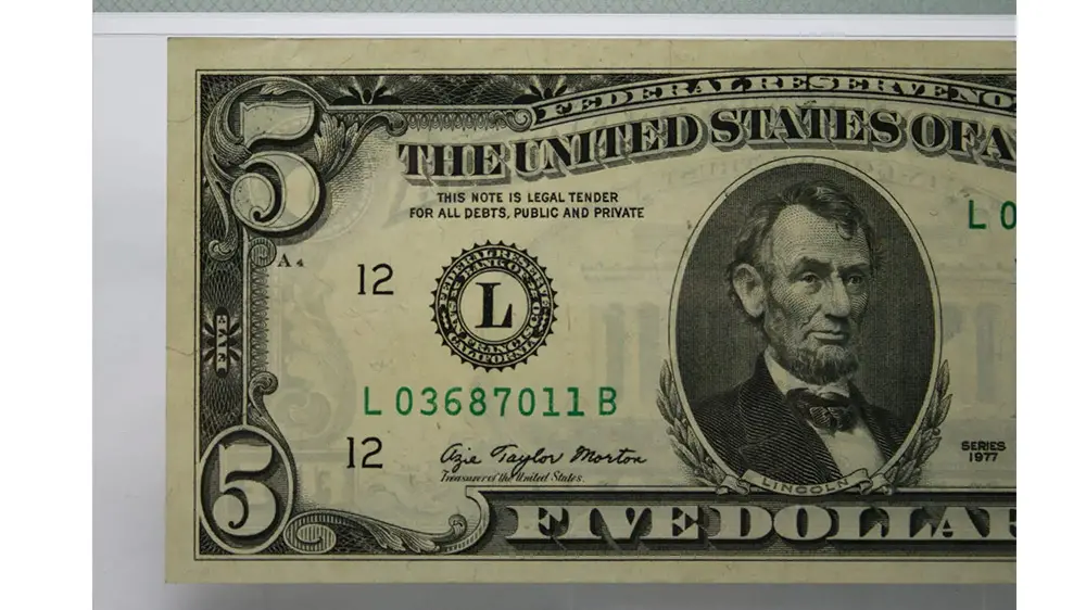 1977 $5 Federal Reserve Note Offset Printing Error- San Francisco Choice VF35 PMG - Image 5