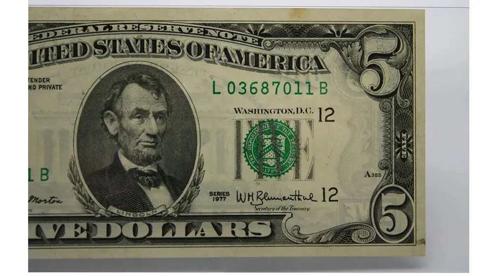 1977 $5 Federal Reserve Note Offset Printing Error- San Francisco Choice VF35 PMG - Image 6
