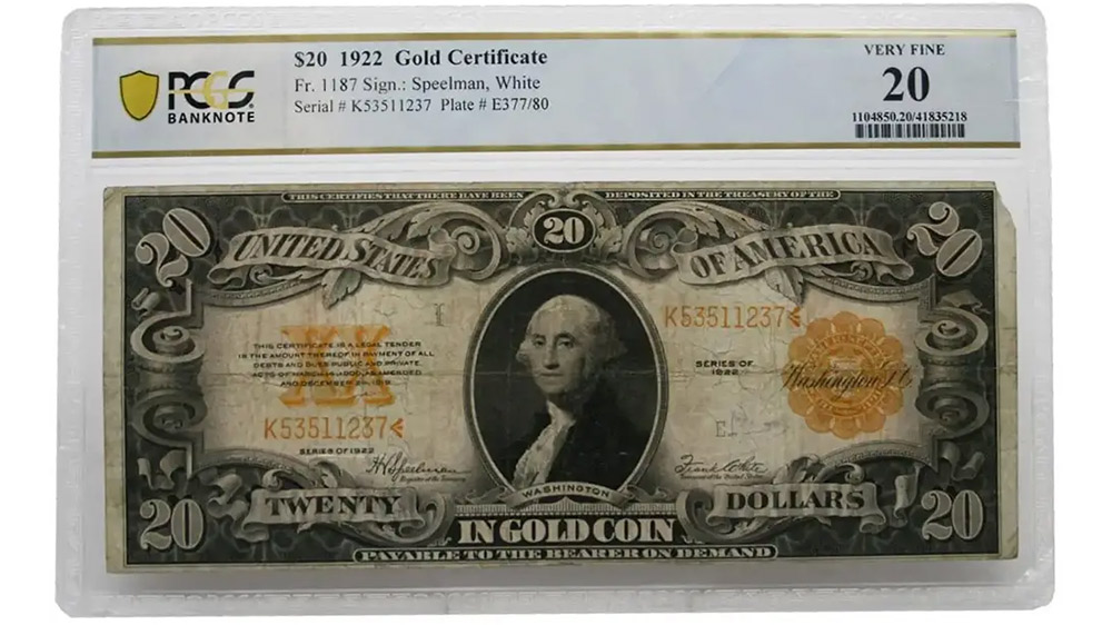 1922 $20 Gold Certificate Mule