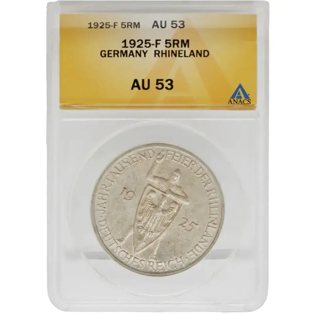 1925-F Germany 5 Reichsmark Rhineland ANACS AU 53
