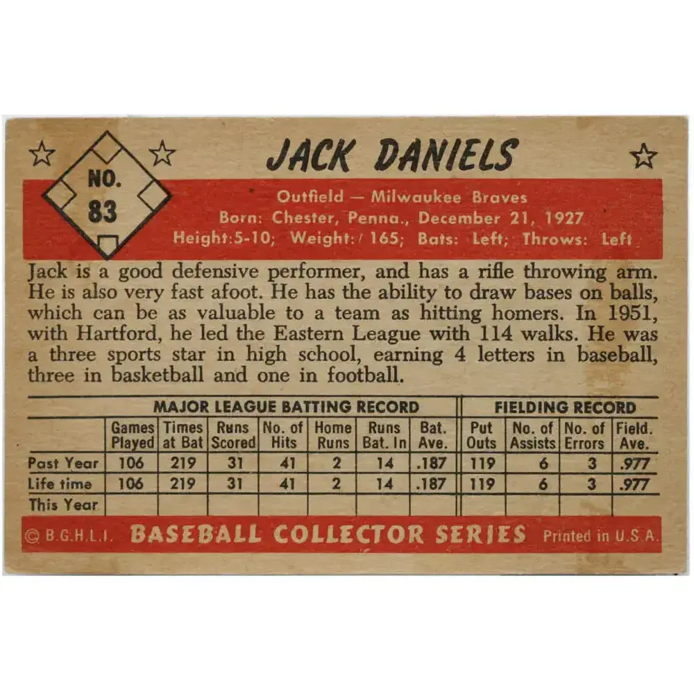 1953 Jack Daniels Milwaukee Braves Bowman #83 - Image 2