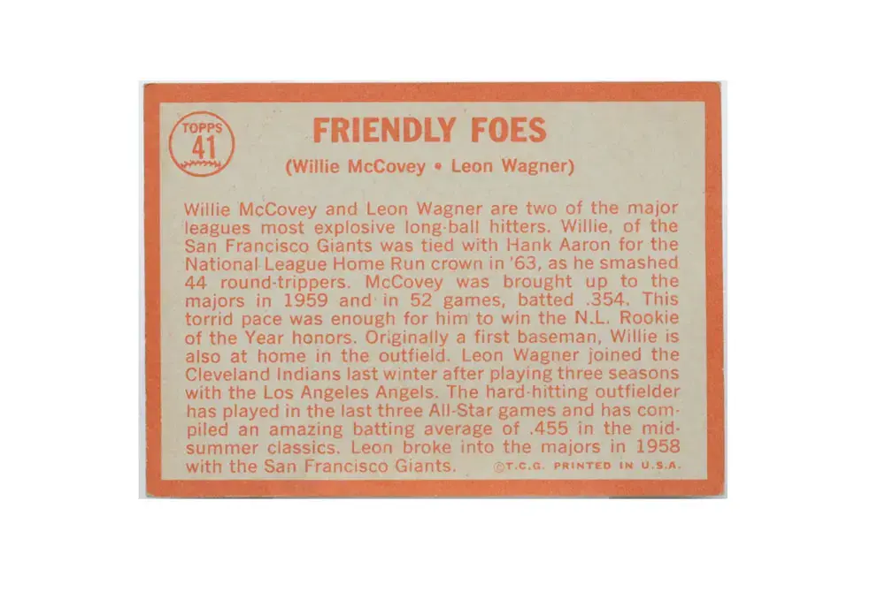 1964 Friendly Foes McCovey, Wagner Topps #41 - Image 2