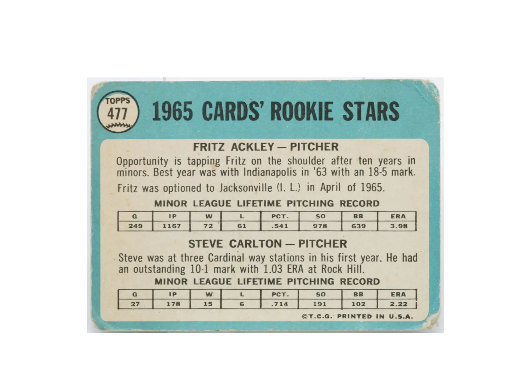 1965 Steve Carlton, Fritz Ackley Rookie Stars 1966 Topps #477 - CV Coins &  Collectables