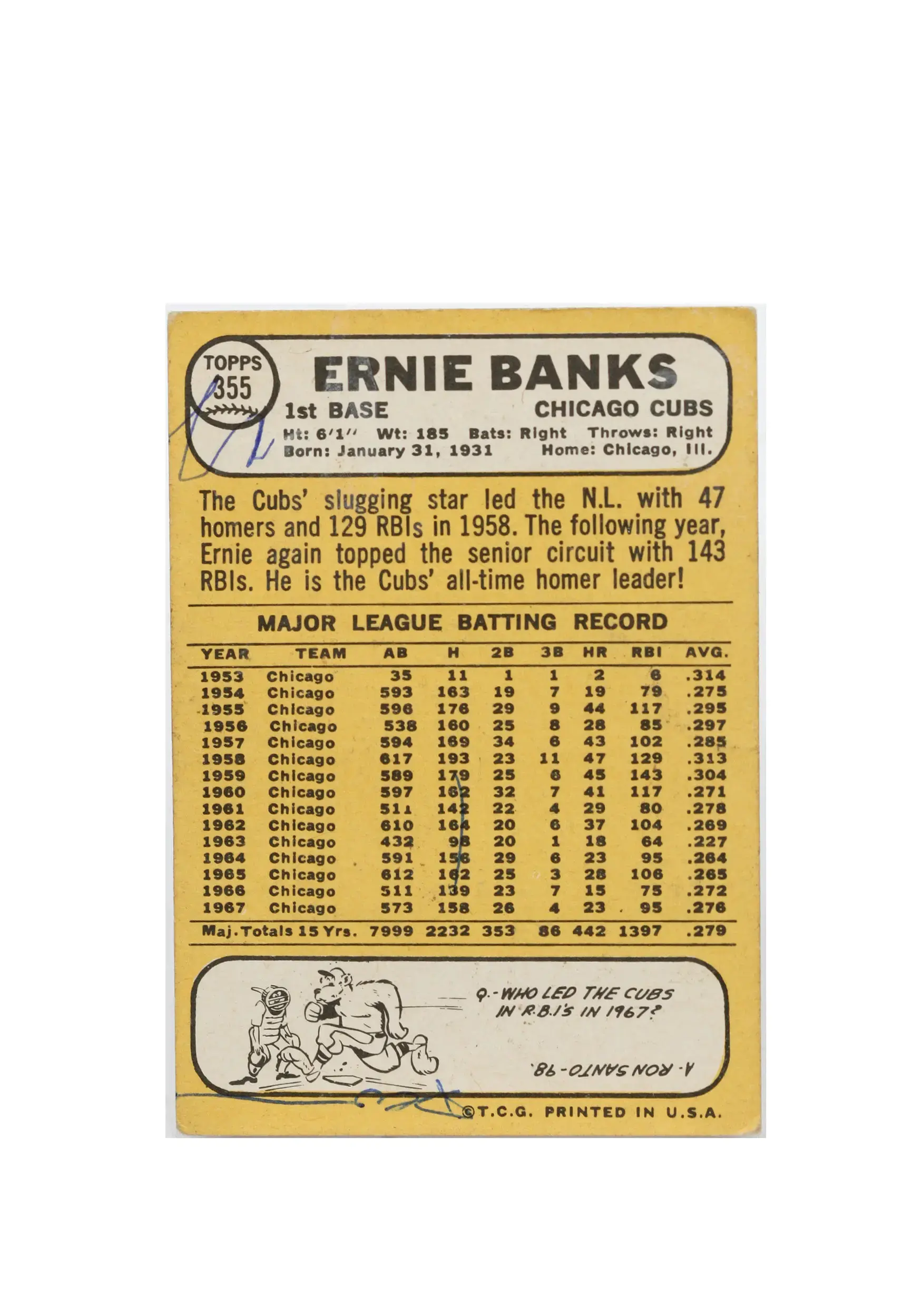 1968 Ernie Banks Chicago Cubs Topps #355 - Image 2