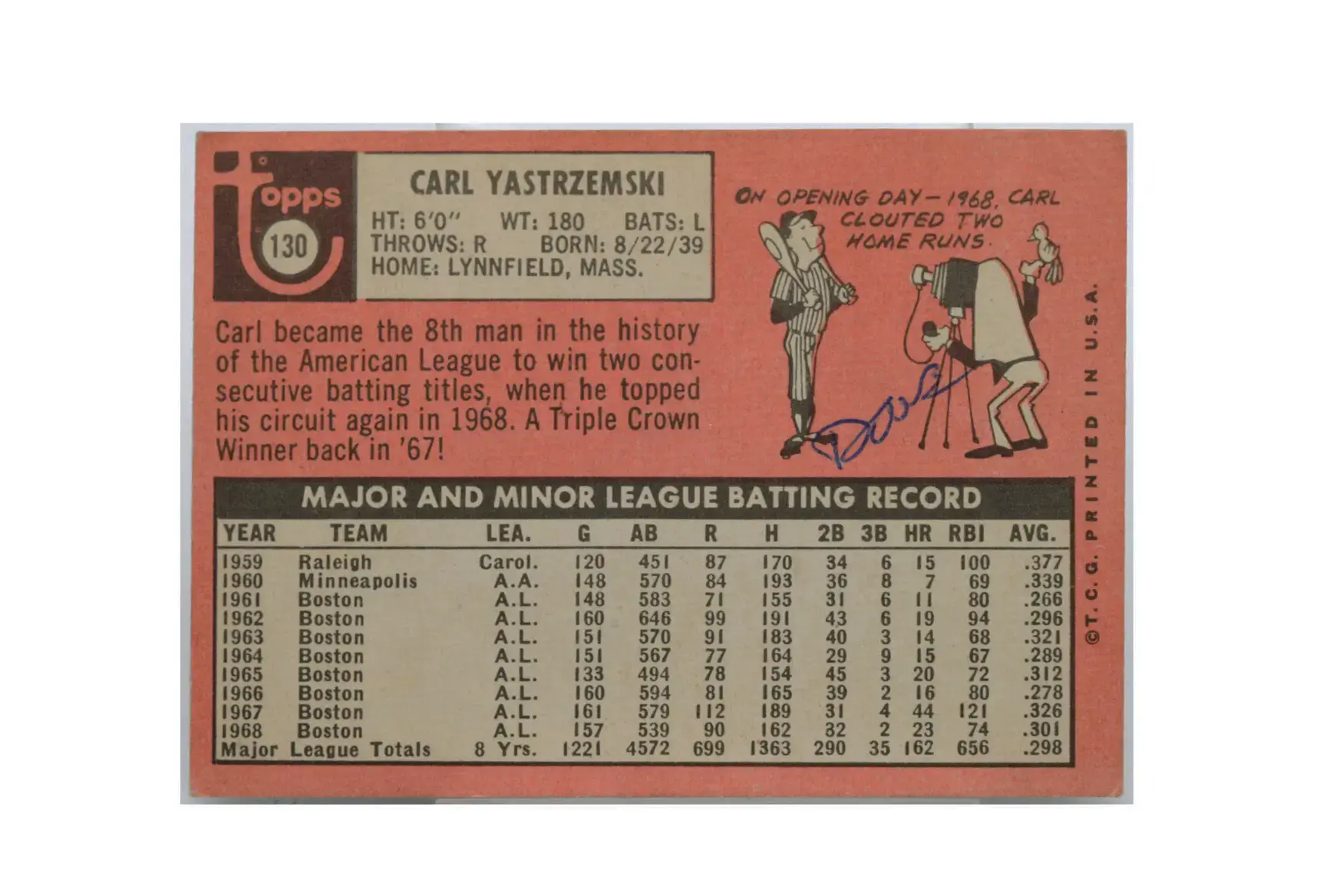 1969 Carl Yastrzemski Boston Red Sox Topps #130 - Image 2