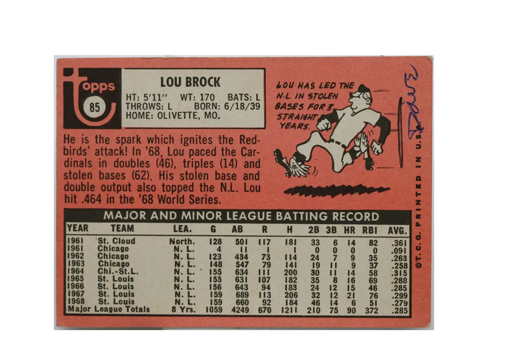 1969 Lou Brock St. Louis Cardinals Topps #85 - Image 2