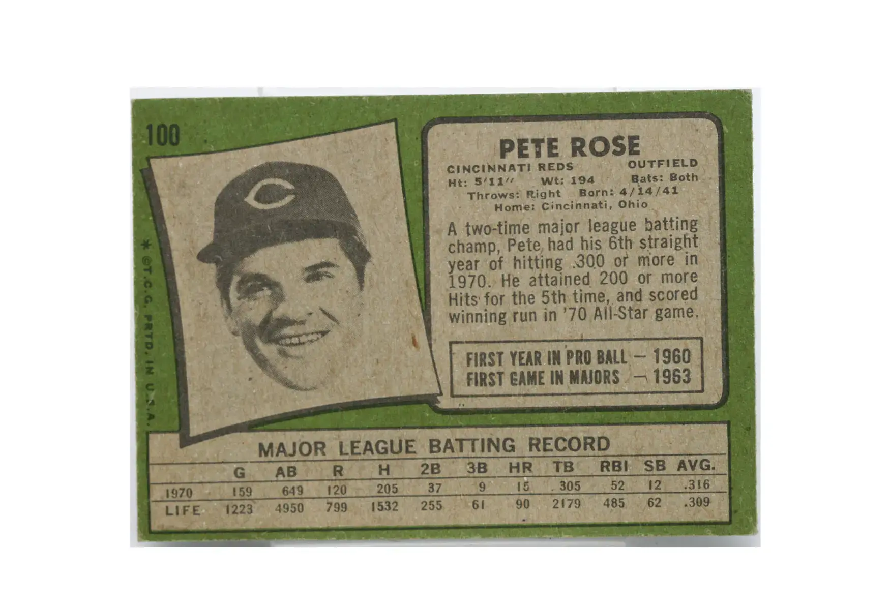 1971 Pete Rose Cincinnati Reds Topps #100 - Image 2