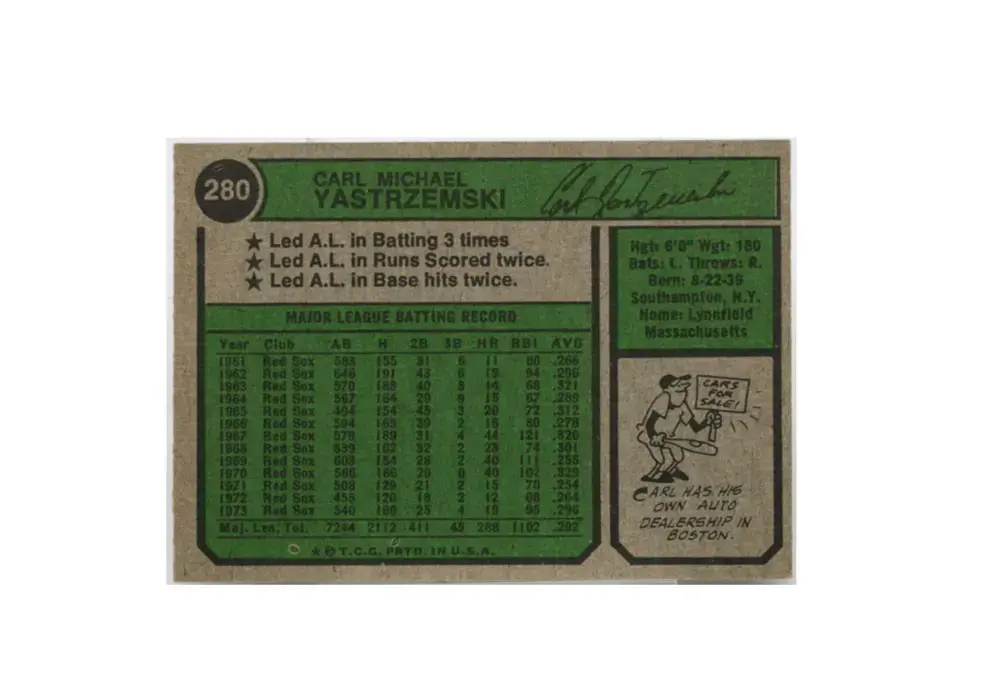 1974 Carl Yastrzemski Boston Red Sox Topps #280 - Image 2