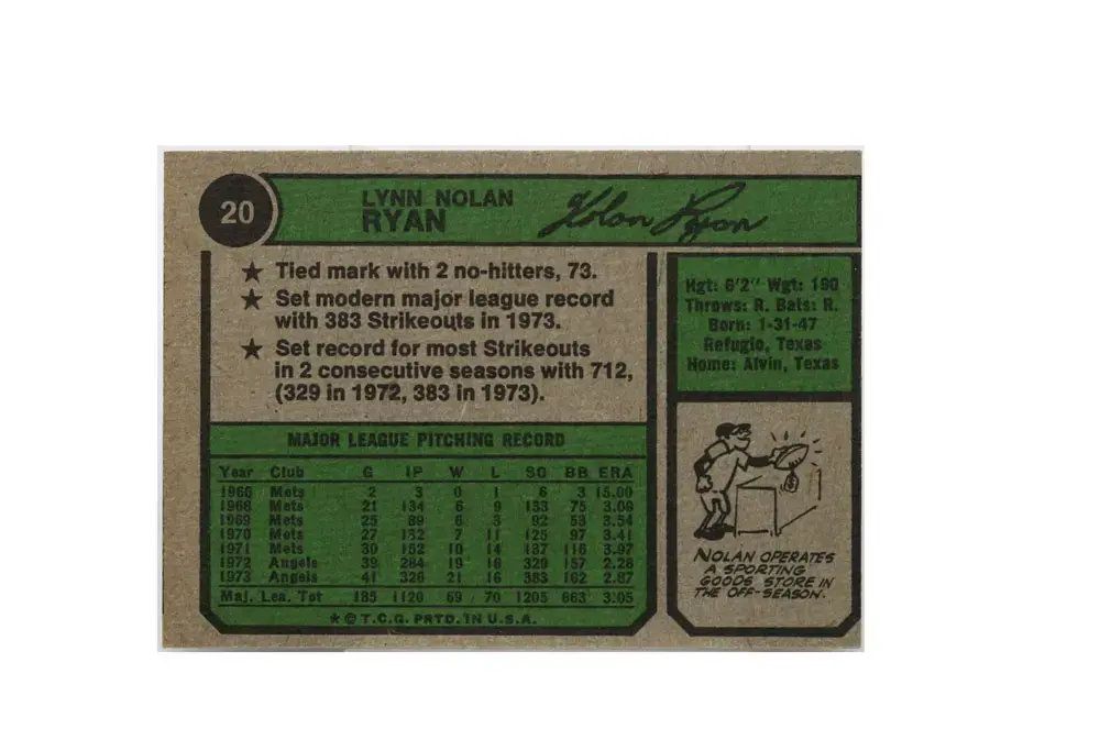 1974 Nolan Ryan California Angels Topps #20 - Image 2