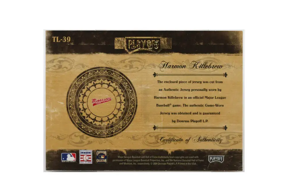 2004 Harmon Killebrew Game Worn Jersey Prime Cuts Playoff 25/25 - Image 2