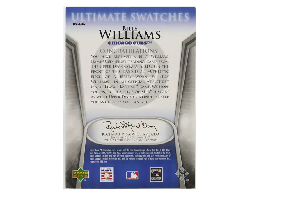 2004 Legendary Cuts Billy Williams Game Used Jersey Upper Deck Signed Card - Image 2