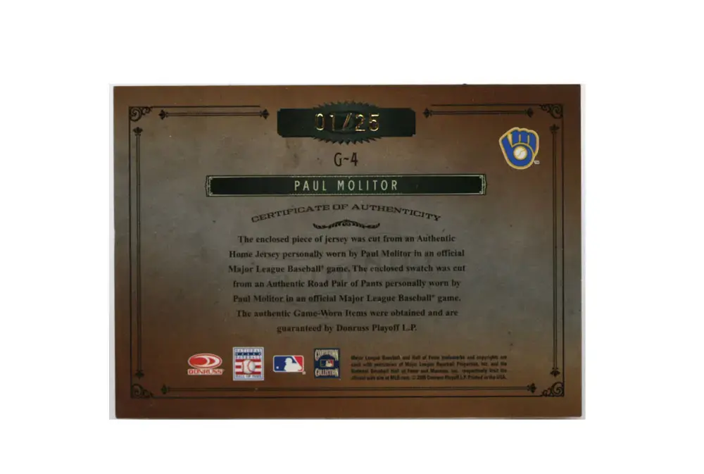 2005 Timeless Treasures Paul Molitor Home/Away/Auto Card 1/25 - Image 2