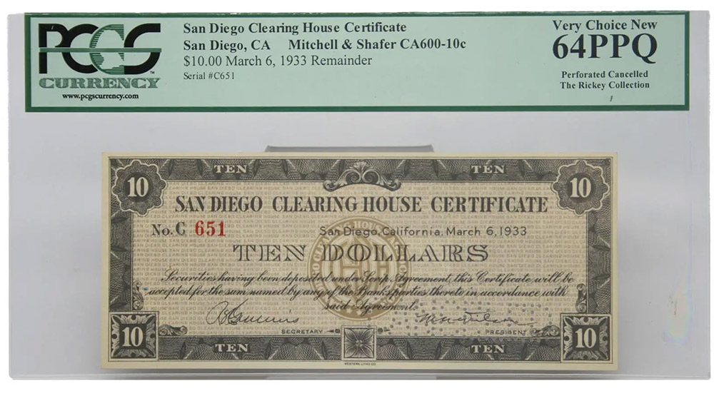 San Diego $10 Clearing House Certificate