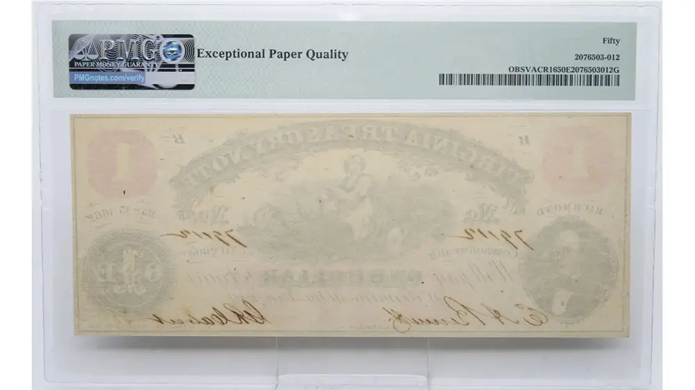 1862 $1 Virginia Richmond Treasury Note PMG AU 50 EPQ - Image 2