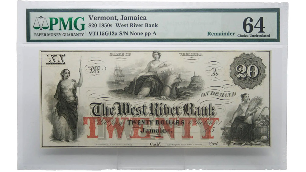 1850's $20 Vermont Jamaica - West River Bank