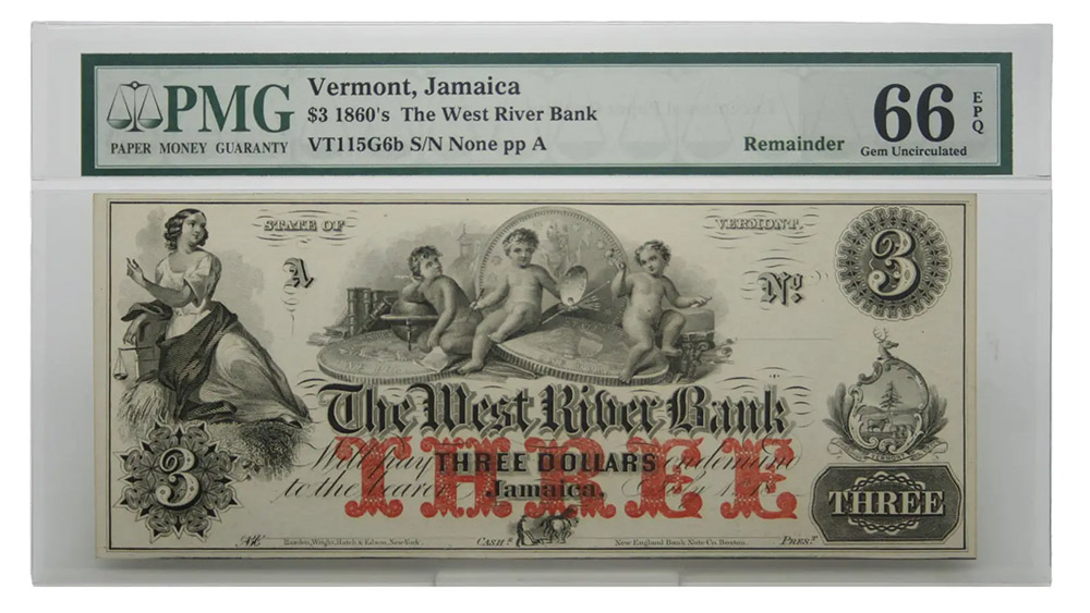 1850's $3 Vermont Jamaica - West River Bank