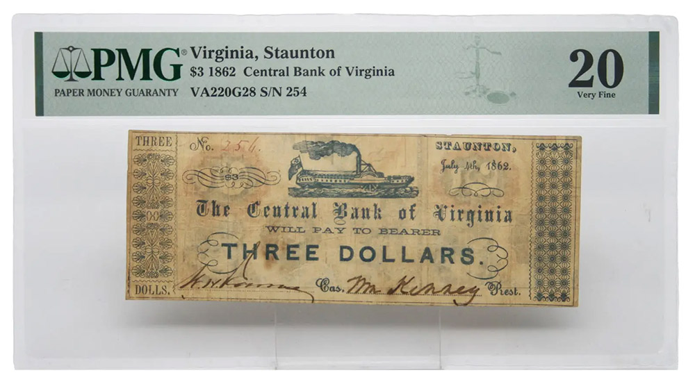 1862 $3 Central Bank of Virginia