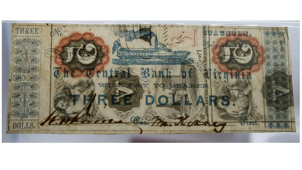 1862 $3 Virginia Staunton - Central Bank of Virginia PMG AU 53 - Image 2