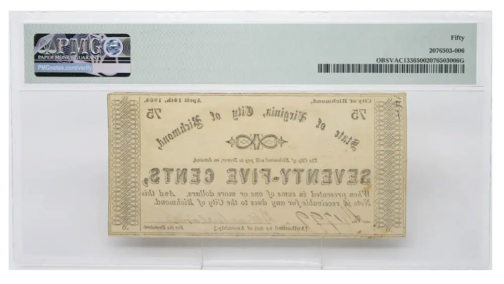 1862 75 Cent City of Richmond PMG AU 50 - Image 2