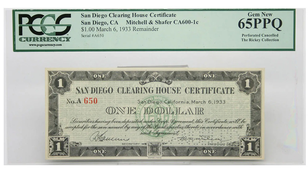 San Diego $1 Clearing House Certificate
