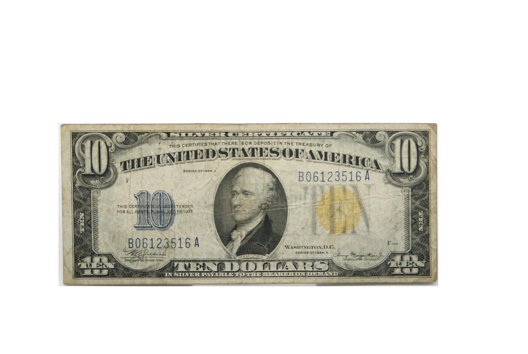 $10 1934-A Silver Certificate Yellow Seal Emergency Issue WWII Fr#2309 ...