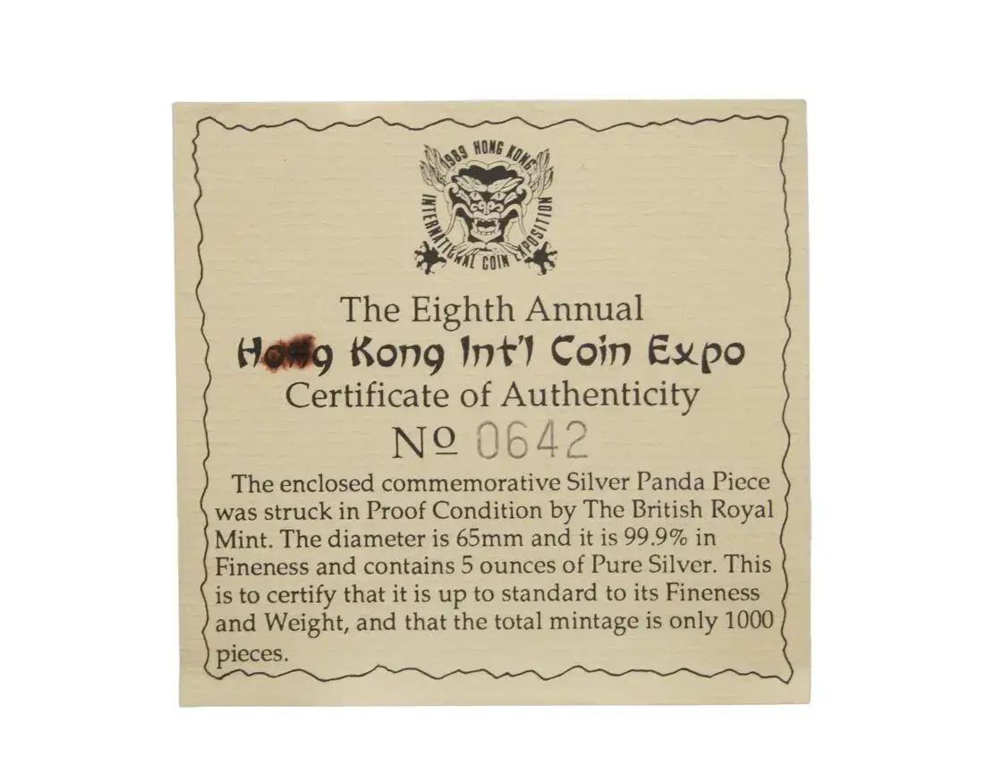 1989 China Hong Kong Silver 5 oz Panda 8th Hong Kong Int'l Coin Expo Royal Mint - Image 4