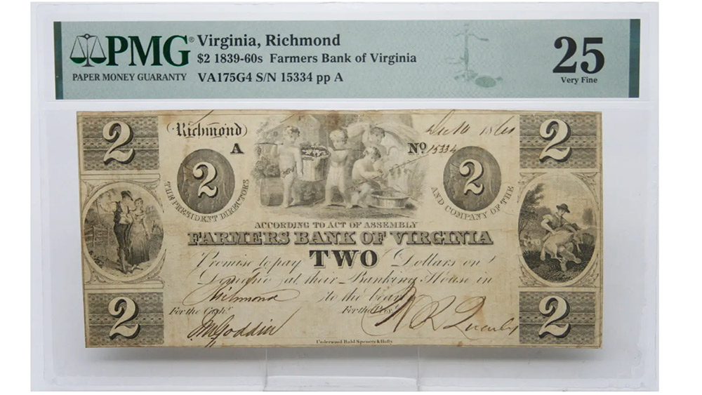 1839-1860's $2 Farmers Bank of Virginia Norfolk Branch