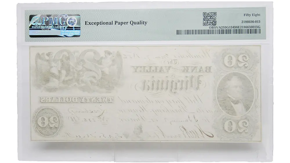 1850's $20 Virginia Leesburg Bank Of The Valley PMG AU 58 EPQ - Image 2
