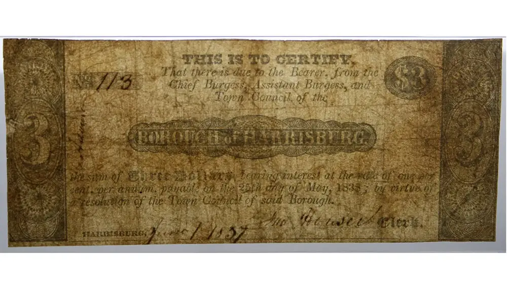 1837 $3 Pennsylvania- Borough of Harrisburg PMG Fine 15 - Image 2
