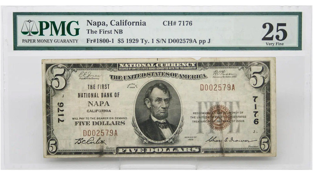 1929 $5 National Currency Napa California Fr#1800-1