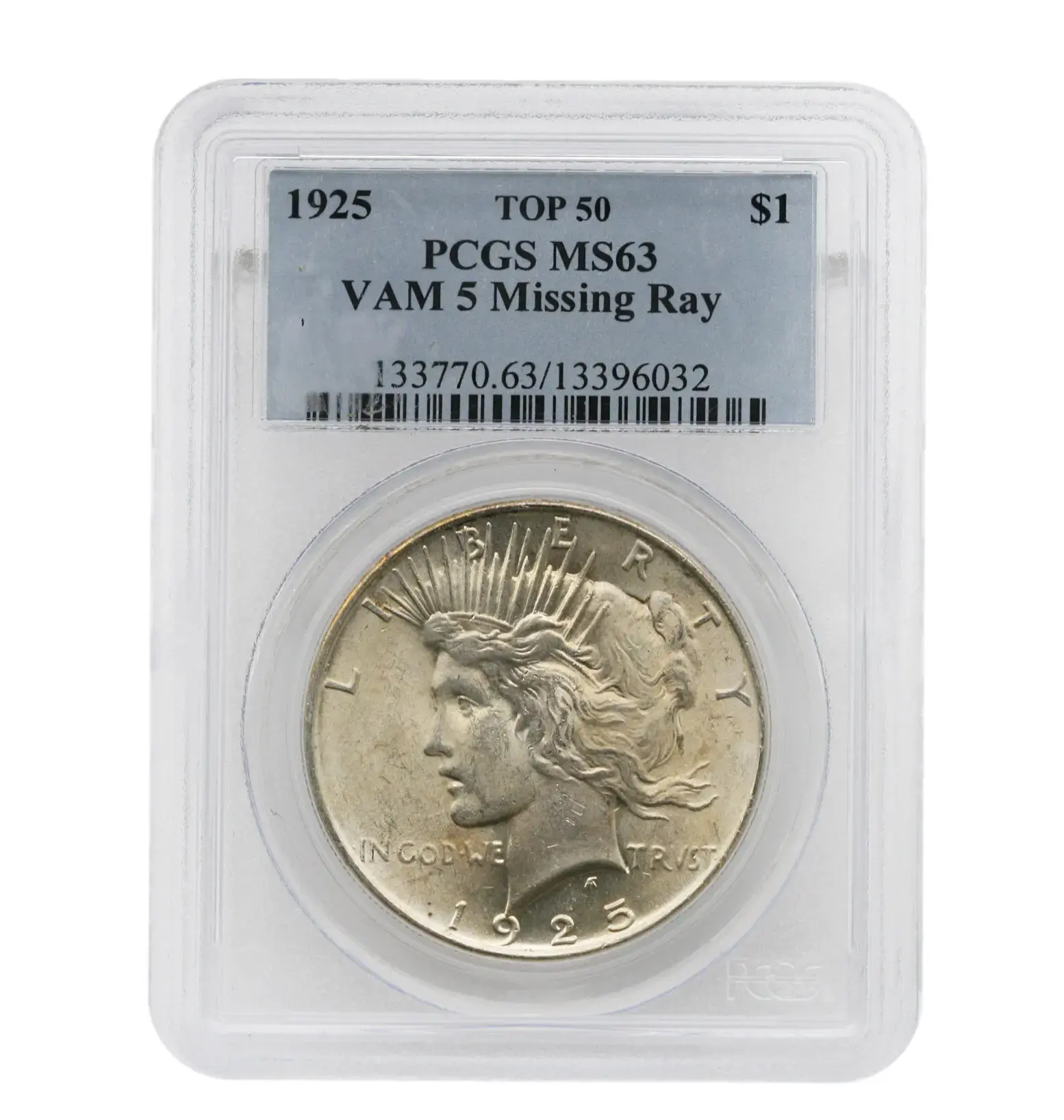 1925 Peace Dollar VAM 5 Missing Ray PCGS MS63