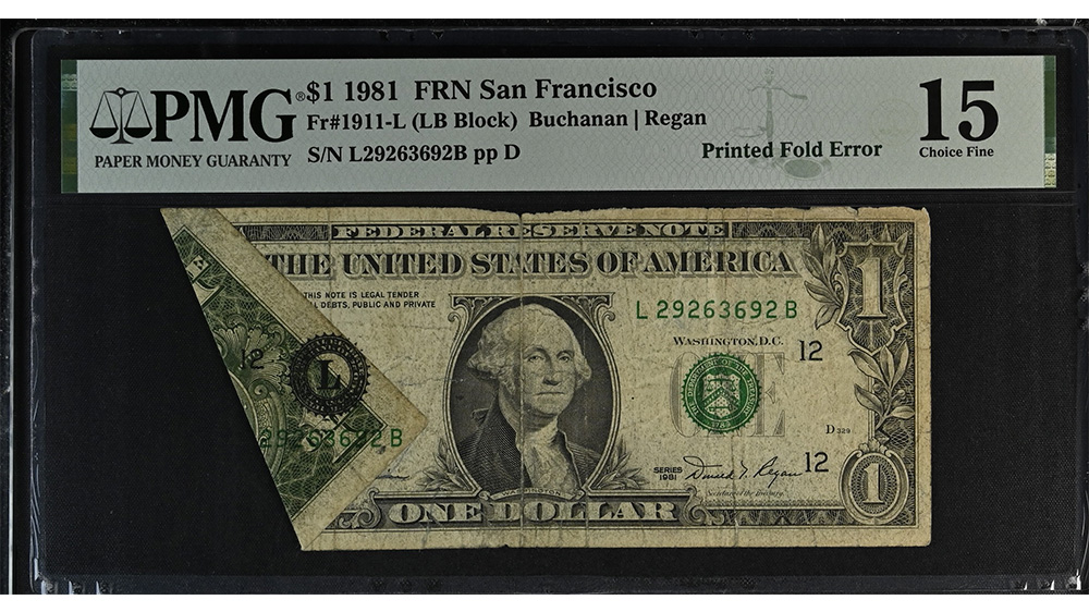 1981 $1 Printed Fold Error Federal Reserve Note PMG 15