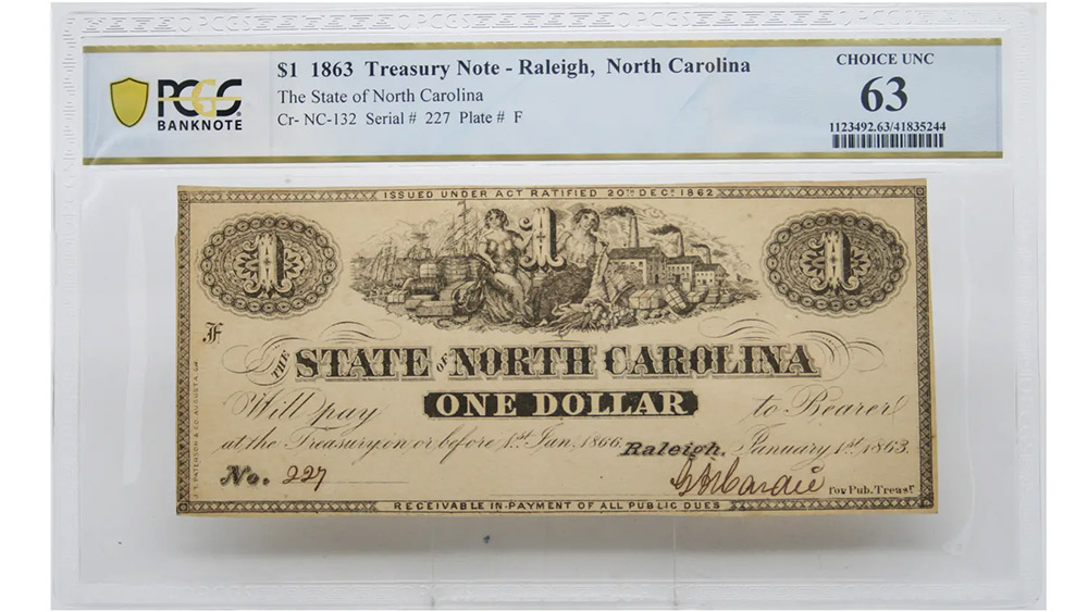 1863 $1 Raleigh NC Treasury Note
