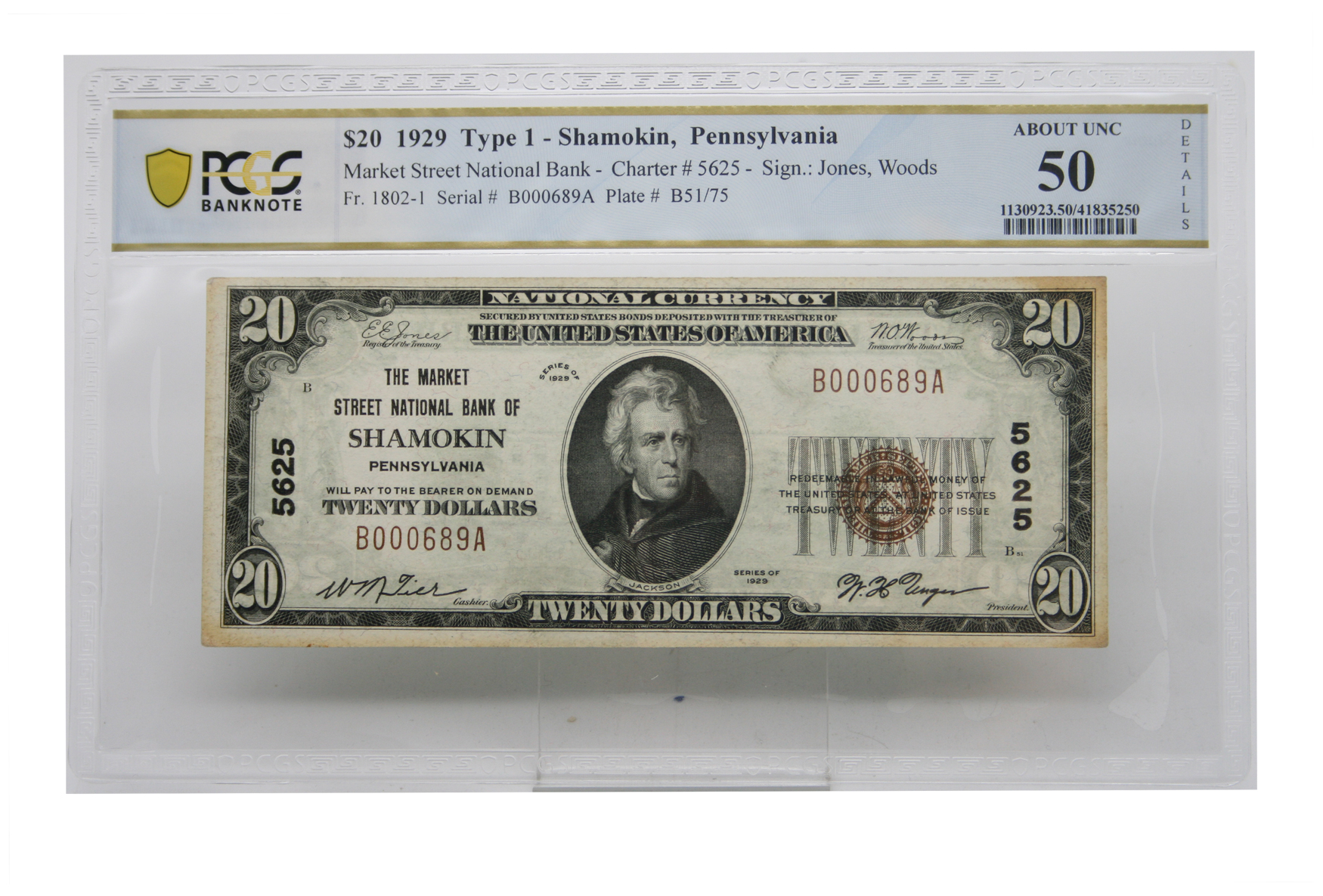 1929 20 Type1 Shamokin, Pennsylvania Fr18021 PCGS AU 50 Details
