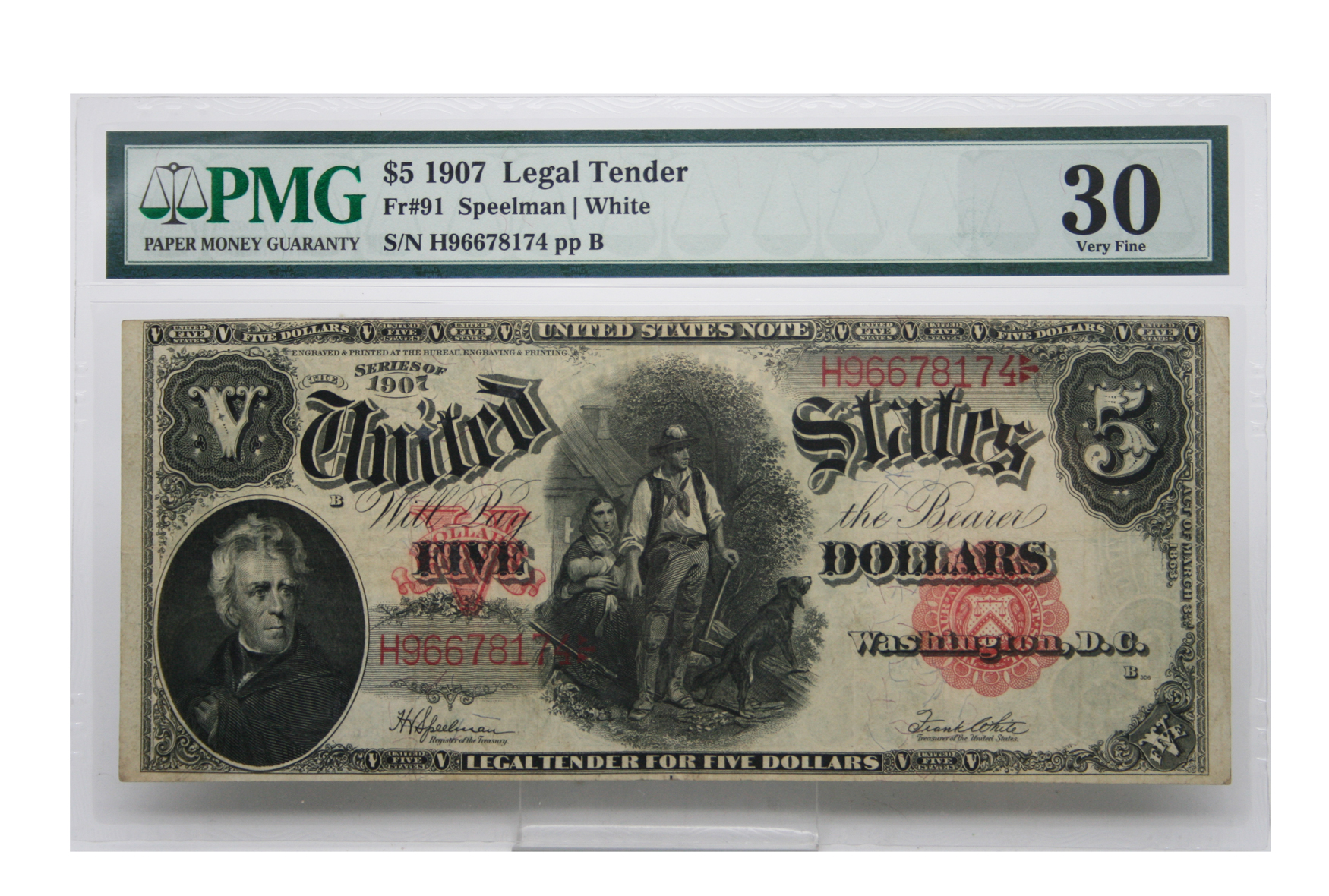 5 1907 Legal Tender Woodchopper Fr91 PMG Very Fine 30 CV Coins