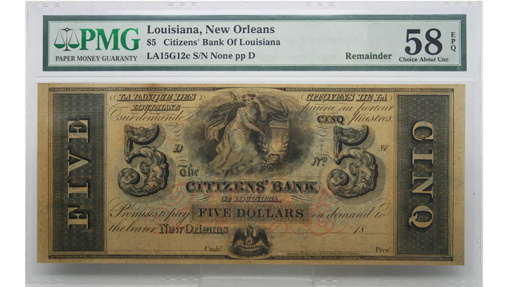 1850's-60s $5 Louisiana New Orleans