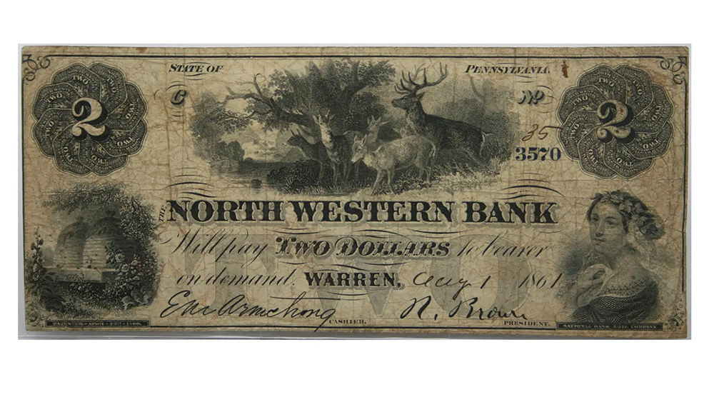 1861 $2 North Western Bank State Of Pennsylvania